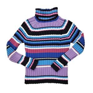 Vtg St Johns Bay Striped Turtleneck Sweater Women M Purple Multi Chunky Y2K Boho
